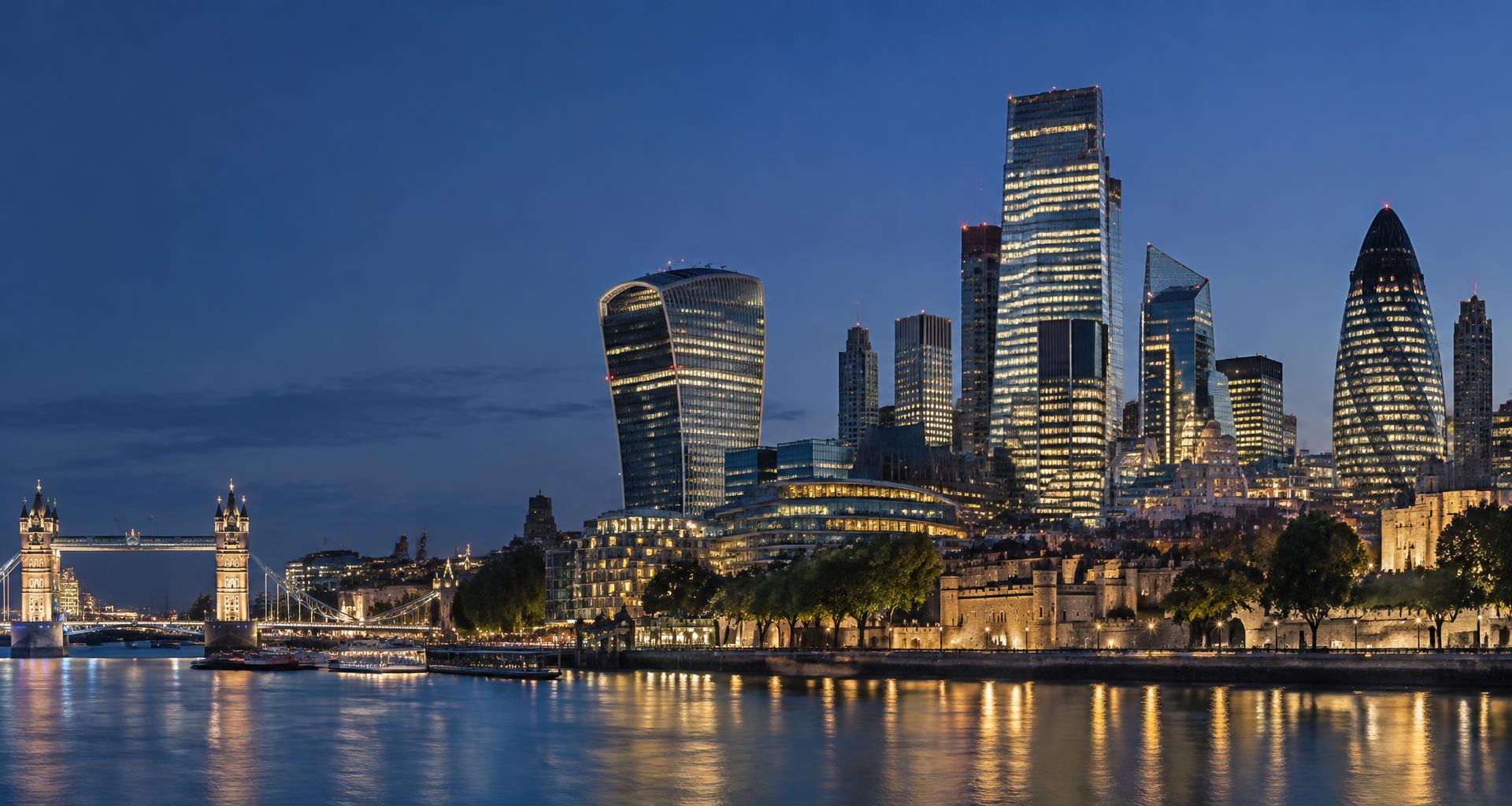 Architectural view of London's financial district across the Thames